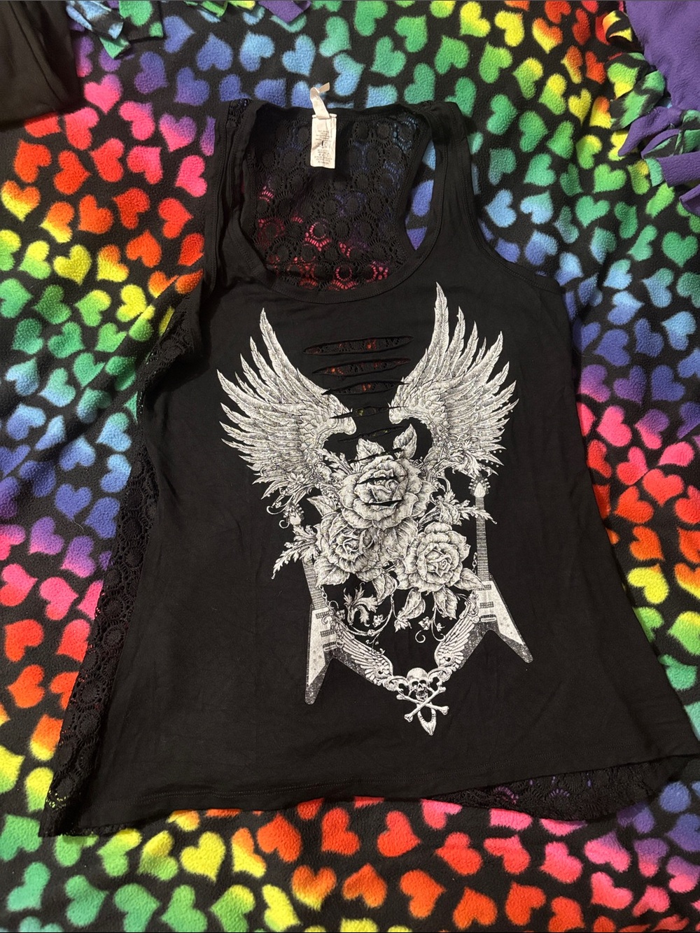 liberty Black Lace-Back Tank with Silver Angel Wings & Rose Graphic